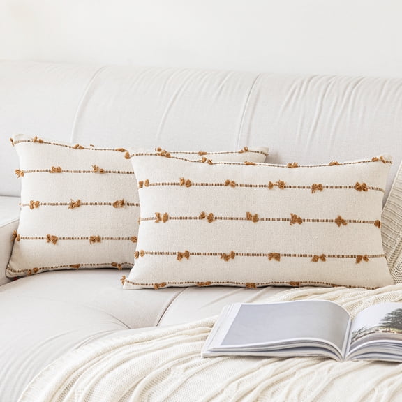 Skodaer Boho Throw Pillow Covers 12"x20" Set of 2 Modern Farmhouse Decorative Cushion Case Tufted Square Pillows Cover Neutral Pillow Cases Accent Pillowcase for Sofa, Couch, Bed,Brown