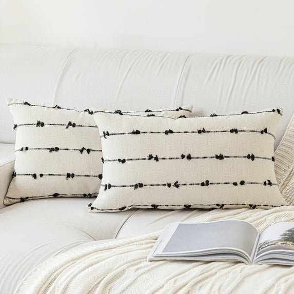 Skodaer Boho Throw Pillow Covers 12"x20" Set of 2 Modern Farmhouse Decorative Cushion Case Tufted Square Pillows Cover Neutral Pillow Cases Accent Pillowcase for Sofa, Couch, Bed,Black