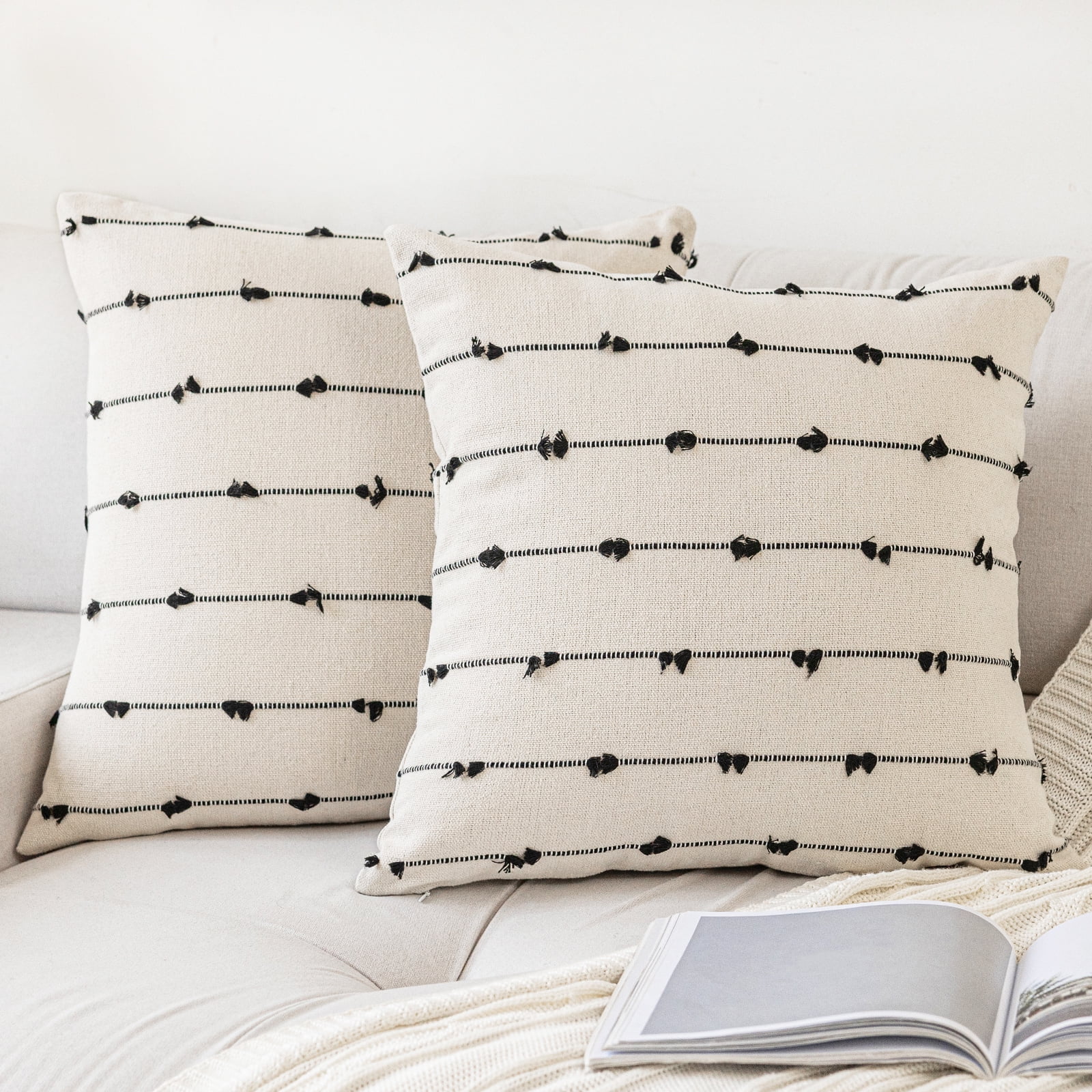 Skodaer Boho Throw Pillow Covers 20"x20" Set of 2 Modern Farmhouse Decorative Cushion Case Tufted Square Pillows Cover Neutral Pillow Cases Accent Pillowcase for Sofa, Couch, Bed,Black