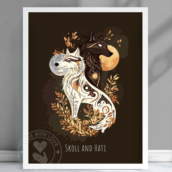 Skoll And Hati Poster, Wolves Of The Eclipse, Skoll Norse Mythology, Hati Mythology, Ancient Nordic Art, Nordic Creatures - #Skohat Wall Art, Modern Wall Decor, 16x24 UNFRAMED