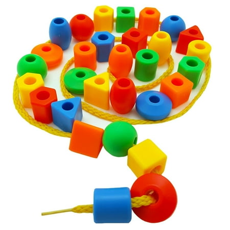 Skoolzy Early Development Non-Toxic Educational Toy with 30 Stringing Beads Plastic Rainbow, 32 Pack