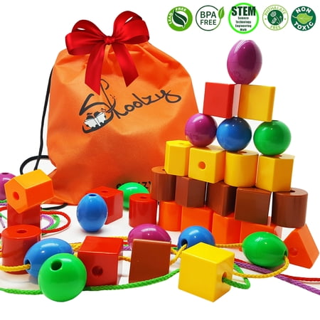 Skoolzy Jumbo Primary Lacing Beads Developmental Toddler Toy Math Counting 36 Piece Set with Storage Bag