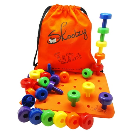Skoolzy Toddler Toys Peg Board Set. Montessori Preschool Stacking, Lacing Learning Games 34 Pc Set