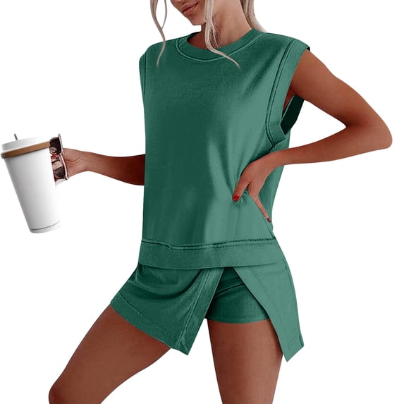 Skort Sets Women 2 Piece Outfits Side Split Athletic Skirt Matching Tank Top Set Casual Vacation Short Lounge Sets Green 2XL