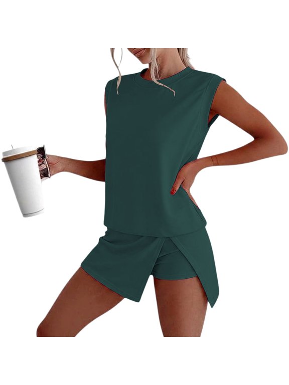 Skort Sets Women 2 Piece Outfits Side Split Athletic Skirt Matching Tank Top Set Casual Vacation Short Lounge Sets Green M