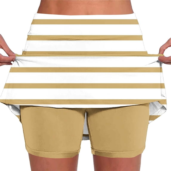 Skort Shorts Women, Striped Print High Waisted Golf Skirts with Pockets Athletic Casual Tennis Mini Skirt (M, Khaki)
