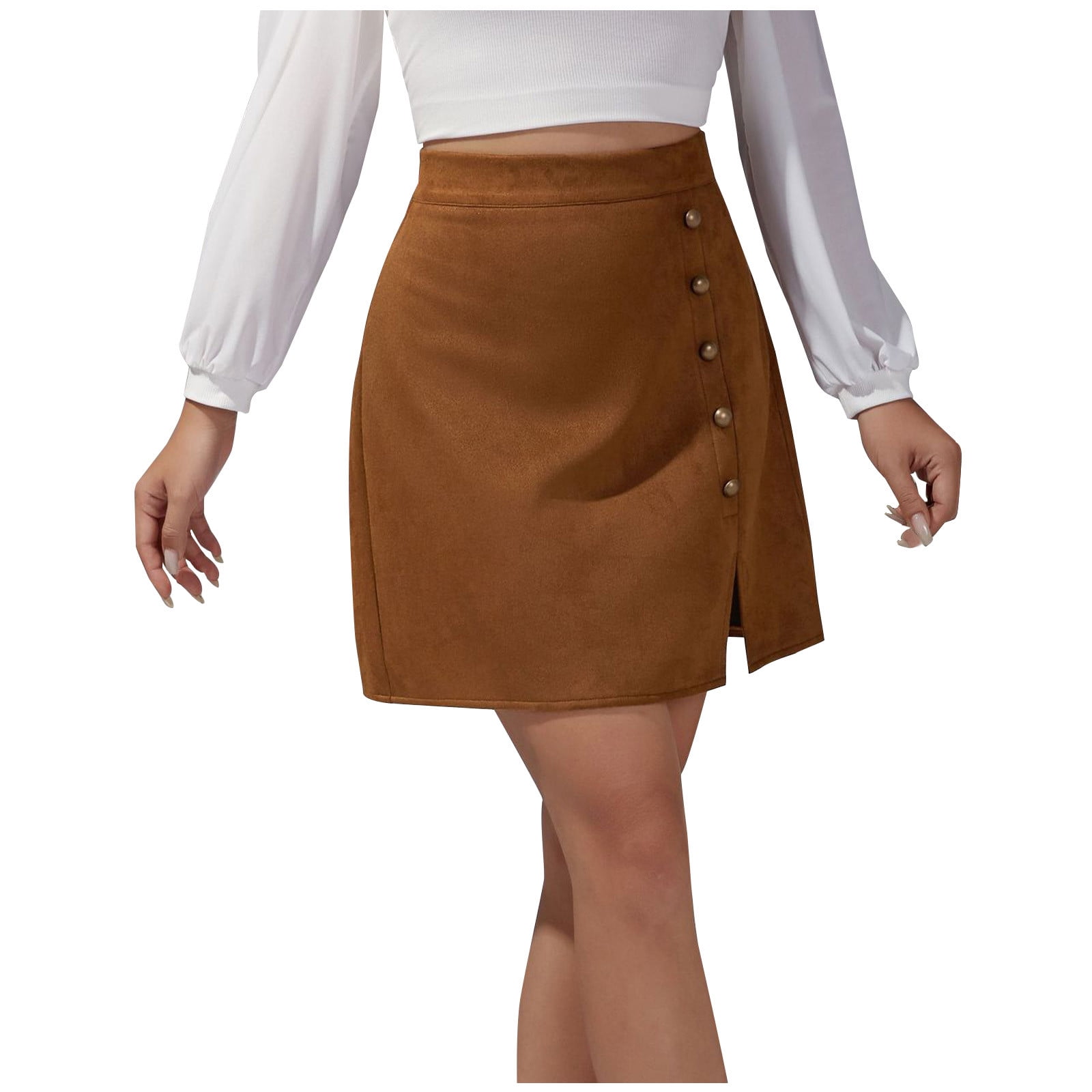 Skorts Skirts for Women High Waisted Suede Skirts Trendy Summer Pack Hip Zip Mini Skirt Cute Pearl Slit Hem Mini Skirt Khaki L