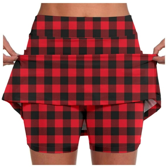 Skorts for Women Dressy Casual Plaid Elastic Waist Workout Outfits Stretchy Casual Athletic Skorts Skirts for Women,Red,S