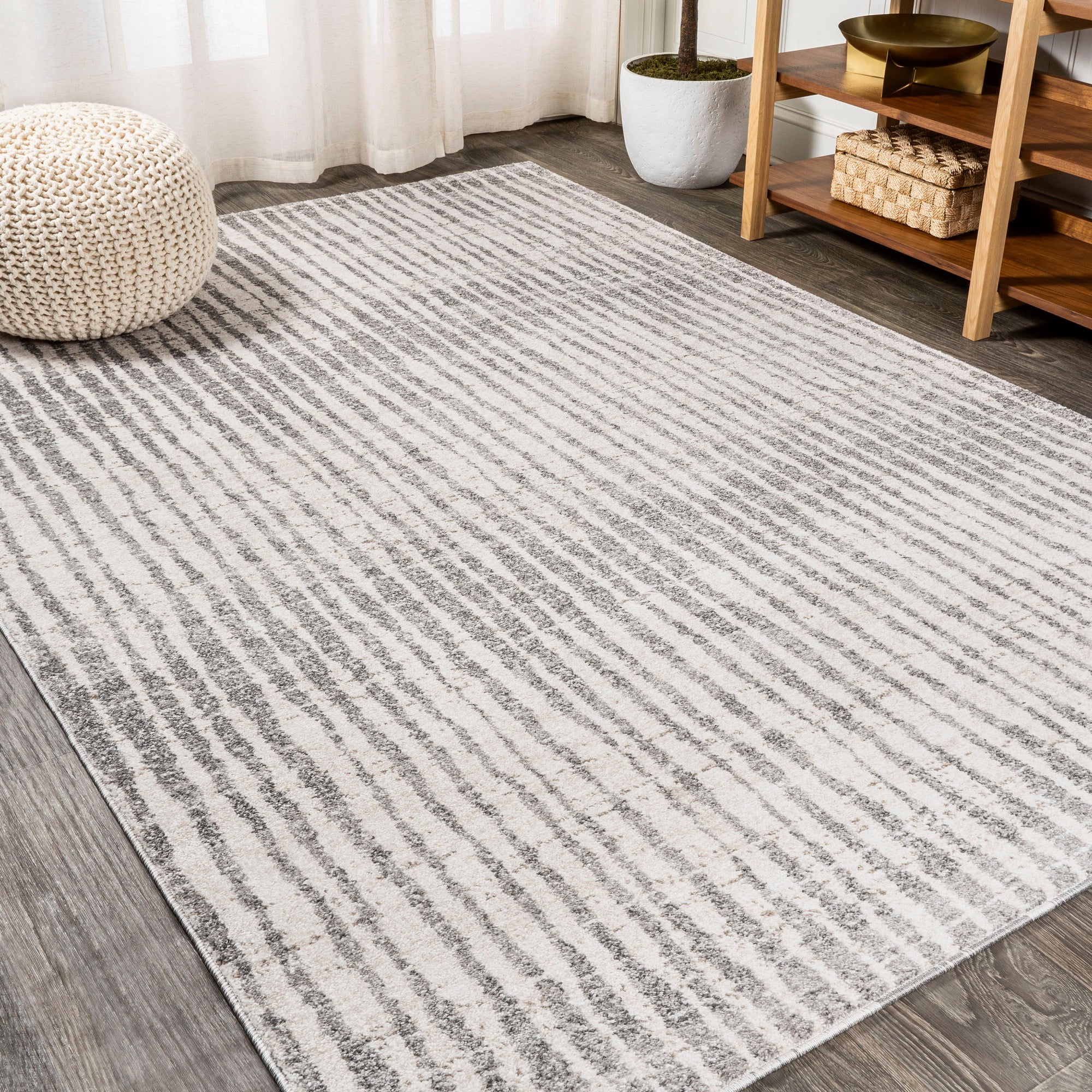 Skoura 3' x 5' Beige and Gray Stripe Synthetic Area Rug