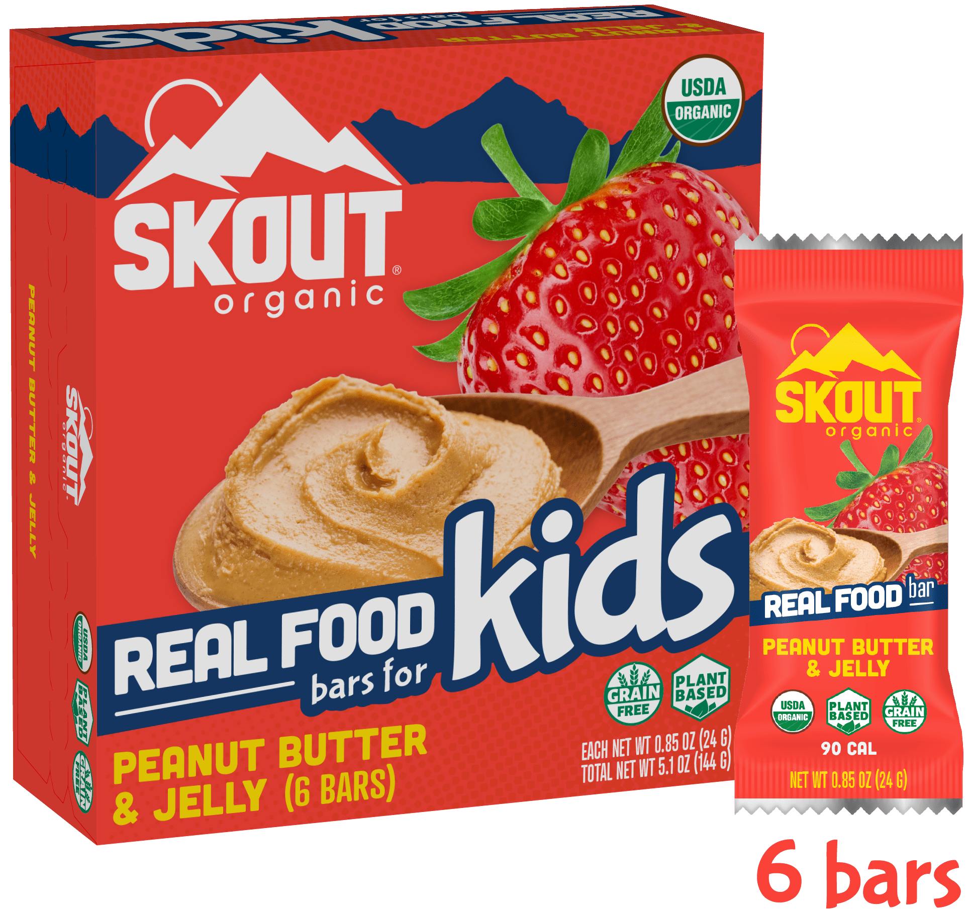 Skout Organic, Kids Real Food Bar, Peanut Butter & Jelly, 6 Energy Bars, 0.85 Oz each