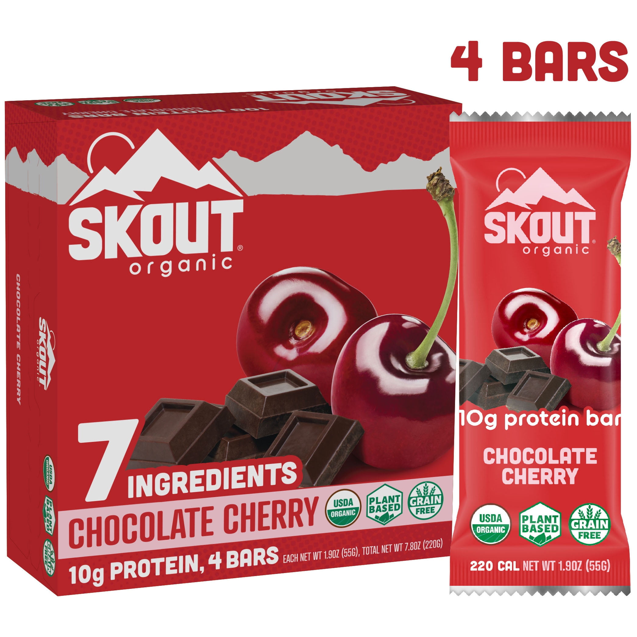 Skout Organic Protein Bars Chocolate Cherry 4 Bars 10g Protein 19 Oz Each 2191