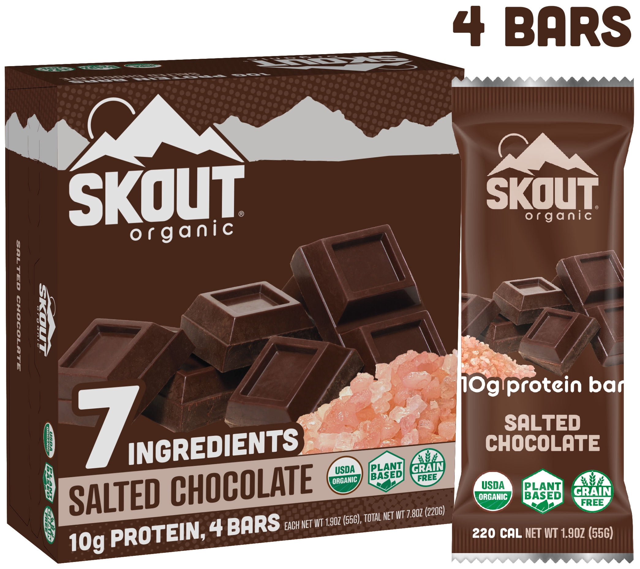 Skout Organic Protein Bars, Salted Chocolate, 4 Bars, 10g Protein, 1.9 Oz each