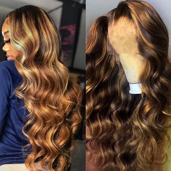 Skouty Honey Blonde Lace Front Wig Human Hair Body Wave 13x4 HD Lace Front Wigs Pre Plucked Highlight Wig 4/27 Colored Real Hair Wigs For Women 18 Inch