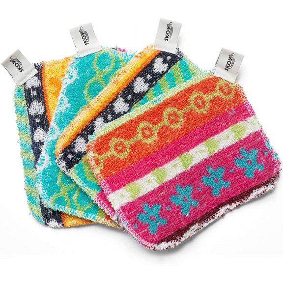Scrub, 4-Pack Reusable, Non-Scratching Dish Scrubber for Kitchen and Household Cleaning, Planet-Friendly, Dishwasher Safe Soft Assorted Colors Designs