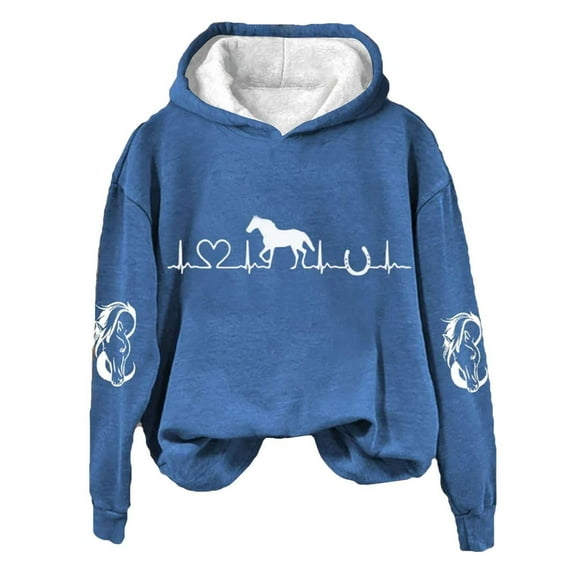 Skpblutn Casual Fashionable Full Zip Jacket Women's Horse Heartbeat Horse Lover Hoodie Long Sleeve Sweatshirt Soft Printed Shirt Women's Winter Sweatshirt Top Blue M