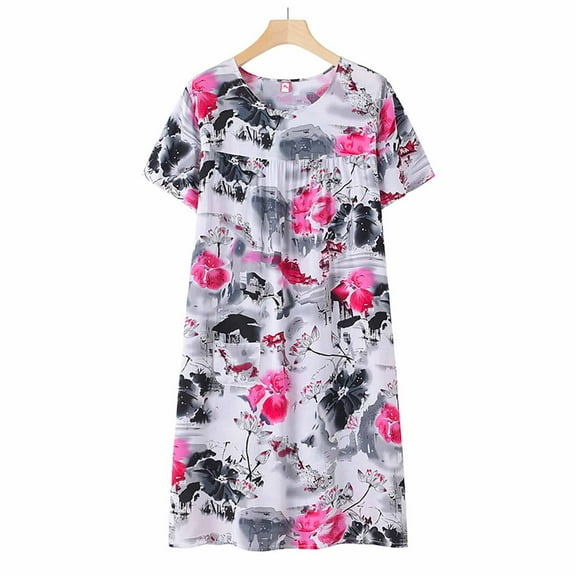 Skpblutn Nightgowns for Women Summer Cotton Silk Short Sleeved Sleep Dress for Middle Aged New Loose Fitting Home Wear Elderly Sleepwear Plus Size Dress