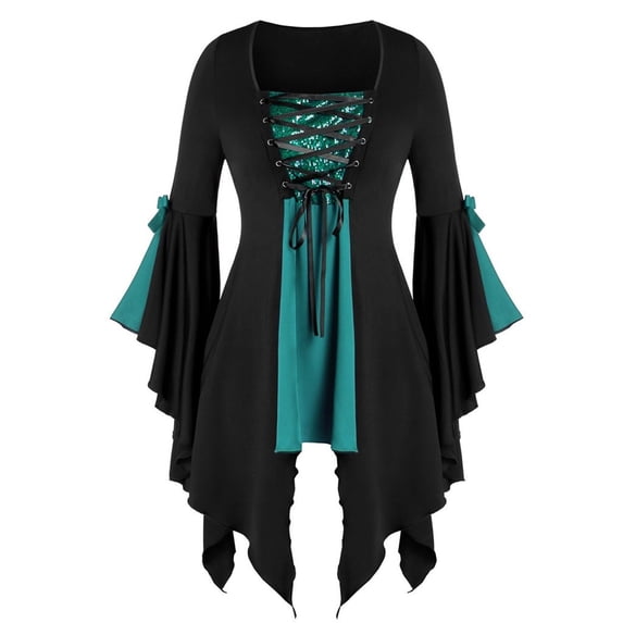 Skpblutn Plus Size Tops Tunic Sleeve Lace Gothic Blouse Women Tee Sequined Long Up Casual Green Xxxxxl