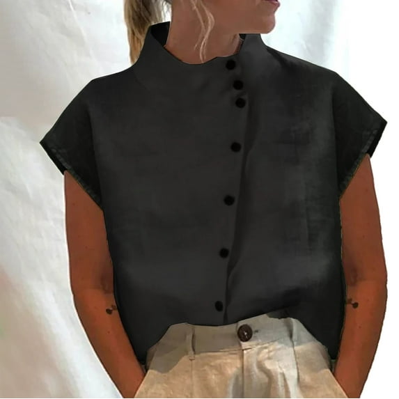 Skpblutn Plus Size Tops for Women Casual T shirt Button Up Short Sleeve Cotton Linen Mock Neck Fashion Dressy Summer Tee Shirt Top