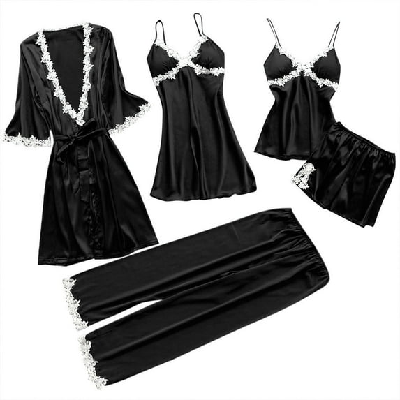 Skpblutn Plus Size Underwear Pajama Set for Women Lace Nightwear Underwear Dress 5Pc Suit Nightgowns Sleepwear Black