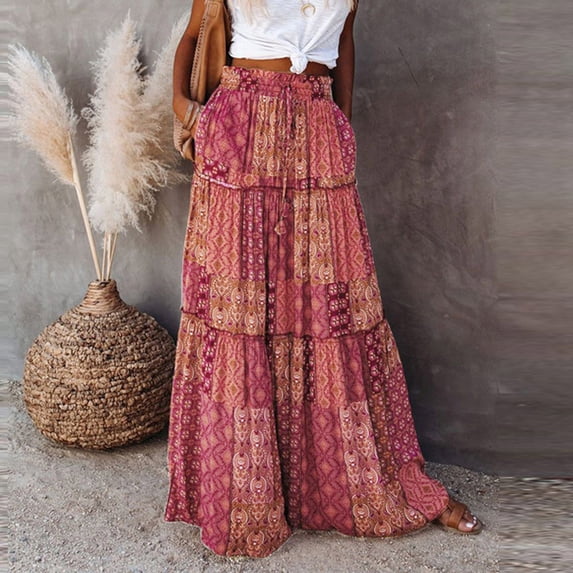 Skpblutn Skirt for Women Long Boho Flowers High Elastic Waist With Pockets And Belt Maxi Skirt Pleated Skirt Beach Skirt Casual Skirt