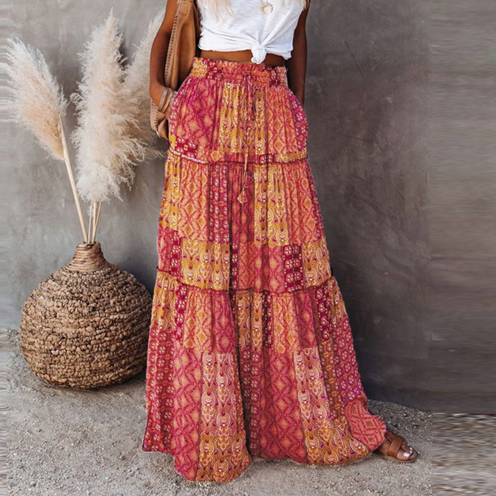 Women Bohemian Chiffon Long Solid Beach Elegant Boho Maxi High Waist Elastic Skirts
