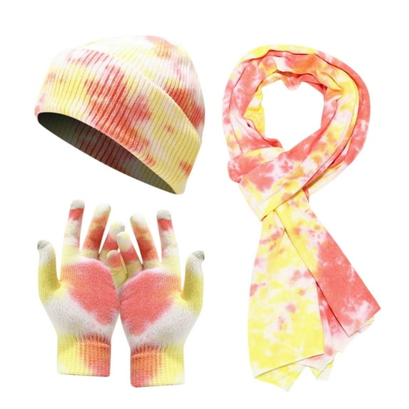 Skpblutn Sun Hat Men Women Winter Warm Knitted Adult Windproofcycling Skiing Tie-Dye Printed Knitscarf Gloves Sets Caps Yellow