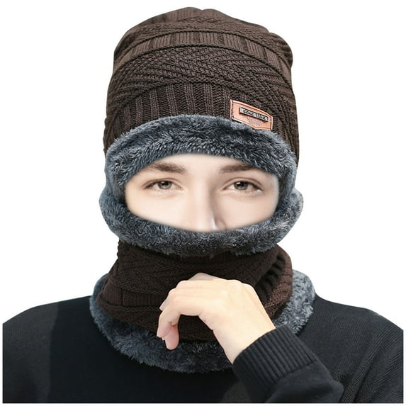 Skpblutn Sun Hat Winter Thermal Plushscarf Woolen Cycling Windproof Two-Piece Suit Caps Brown
