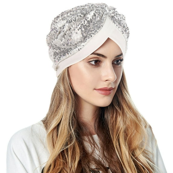 Skpblutn Sun Hat Women Turban Hatbow Sequins Hair Bonnet Head Scarf Wrap Cover Caps White