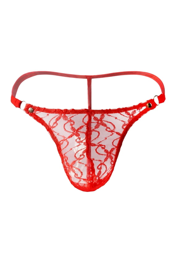 Underwear for Men Comfortable Men's Lace Mesh Pouch Thong T-Back Underwear Panty Bikini Brief Panties Red