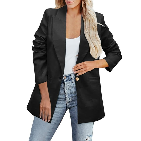 Skpblutn Women'S Blazers Suit Jackets Winter Fall Casual Comfortable Tops Solid Lapel Button Slim Work Office Thin Neck Long Sleeve Plus Size Open Front Jacket Coat Black M