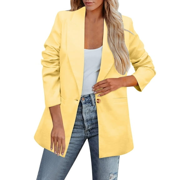 Skpblutn Women'S Blazers Suit Jackets Winter Fall Casual Comfortable Tops Solid Lapel Button Slim Work Office Thin Neck Long Sleeve Plus Size Open Front Jacket Coat Yellow Xl