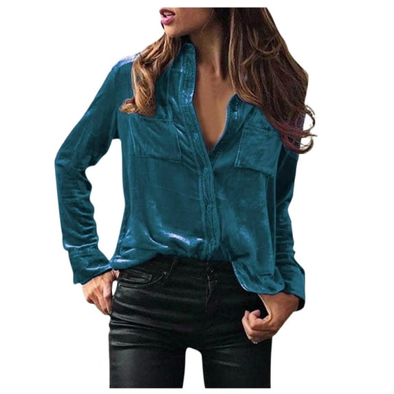 Skpblutn Women'S Button Down Shirts Winter Fall Casual Comfortable Tops Fashion Velvet Pocket Top Round Neckline Long Sleeve Blouse Blue Xl