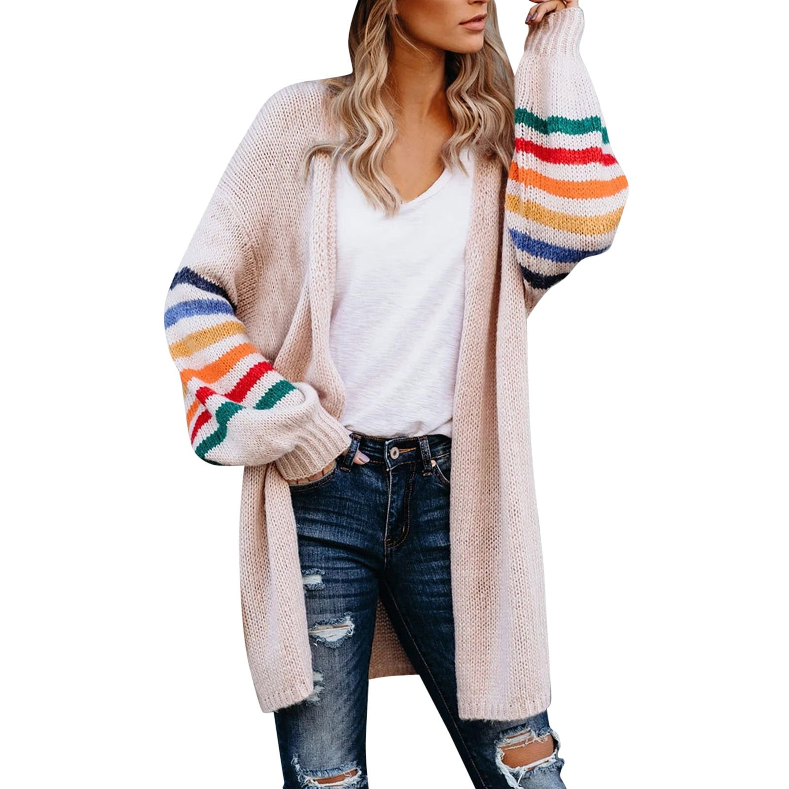 Skpblutn Women'S Cardigan Sweaters Winter Fall Casual Comfortable Tops Over Plus Size Warm Rainbow Stripe Print Open Front Fashion Outwear Neck Long Sleeve Knit Sweater Coats Pink L