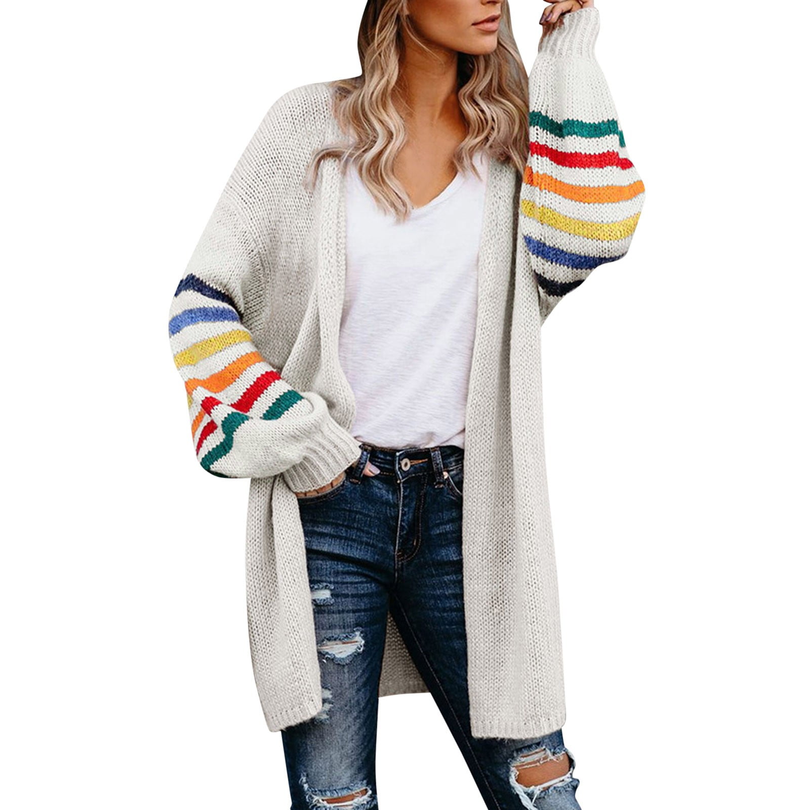 Skpblutn Women'S Cardigan Sweaters Winter Fall Casual Comfortable Tops Over Plus Size Warm Rainbow Stripe Print Open Front Fashion Outwear Neck Long Sleeve Knit Sweater Coats White Xl