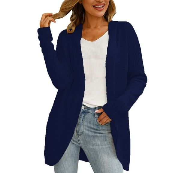 Skpblutn Women'S Cardigan Sweaters Winter Fall Casual Comfortable Tops Solid Neck Long Sleeve Knit Sweater Coats Navy L