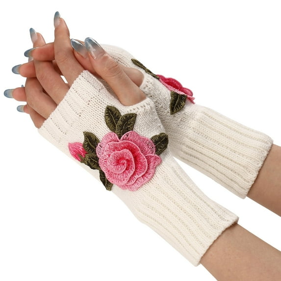 Skpblutn Women'S Glove Knit Fingerless Convertible Mittens Flowers Warm Gloves Hot Pink One Size