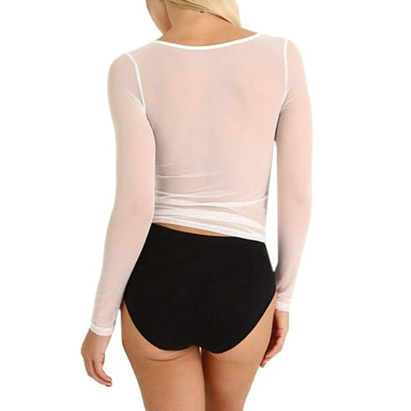 Skpblutn Women'S Shapewear Tops See Through Long Sleeve Seamless Arm Shaper Short Mesh Shirt Blouse Casual Top White