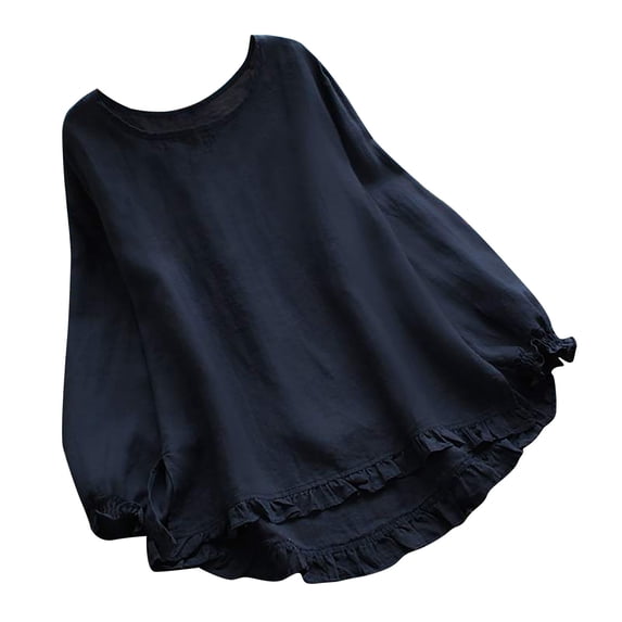 Skpblutn Women'S Shirts Summer Casual Comfortable Tops Summer Solid Loose Ruffle Bottom Crew Neck Shirt Round Neckline Long Sleeve Plus Size T-Shirts Blue Xxl