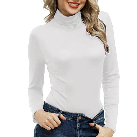 Skpblutn Women'S Shirts Winter Fall Casual Comfortable Tops Turtleneck Pullover High Neck Tight Fitting Priming T Shirt Round Neckline Long Sleeve Plus Size T-Shirts White 3Xl