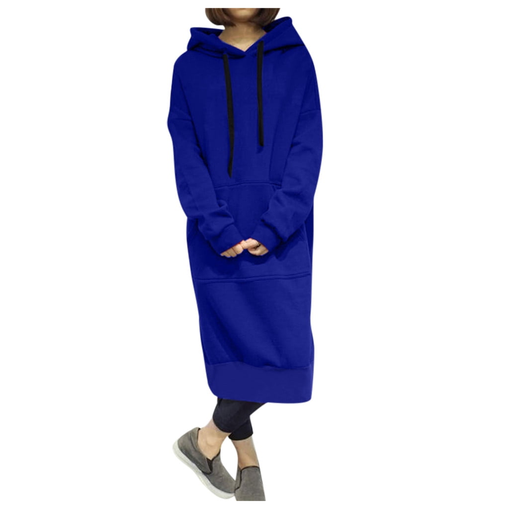 Skpblutn Women'S Sweatshirt Hoodies Winter Fall Casual Comfortable Tops Warm Hooded Baggy Pullover Over Long Dress Round Neckline Long Sleeve Plus Size Sweatshirts Blue M