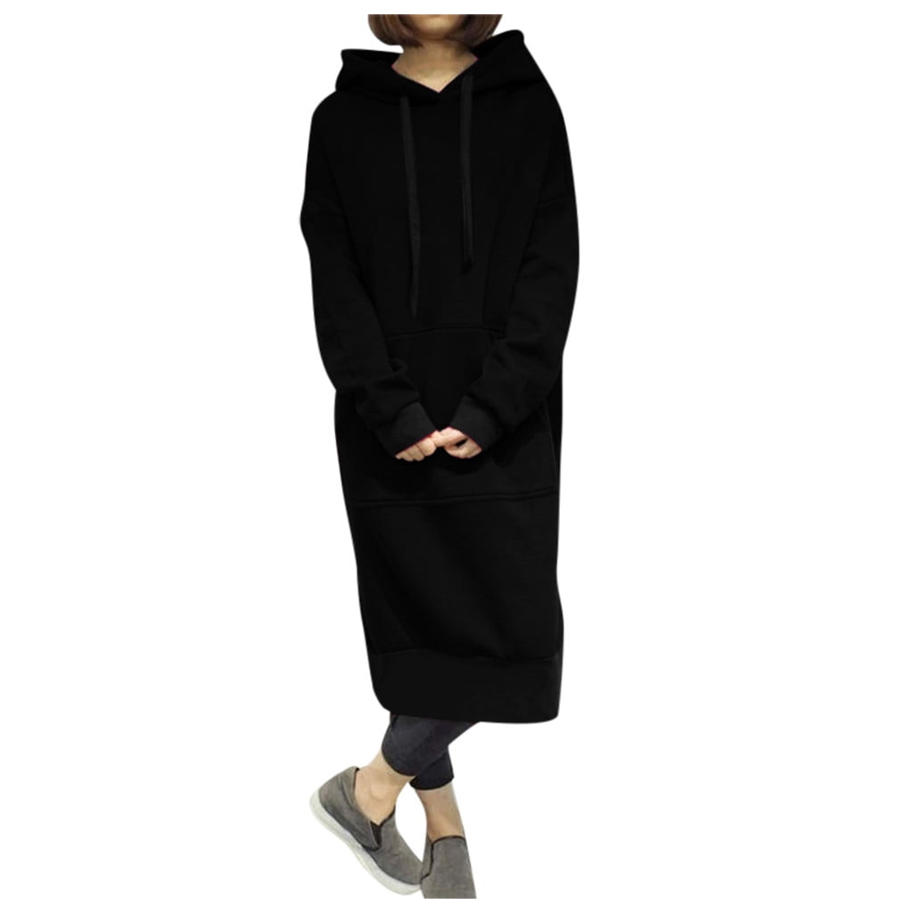 Skpblutn Women'S Sweatshirt Hoodies Winter Fall Casual Comfortable Tops Warm Hooded Baggy Pullover Over Long Dress Round Neckline Long Sleeve Plus Size Sweatshirts Black L
