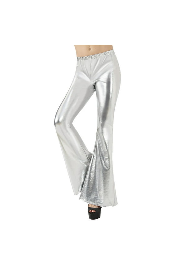Women's Shiny Metallic Flared Pants High Waisted Stretchy Bell Bottom Wide Leg Pants Trousers Casual Silver L