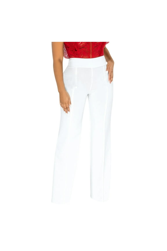 Women's Stretchy Straight Leg Pants Solid Classic High Waisted Wide Leg Long Bootcut Pant Slacks Work Office Casual White M