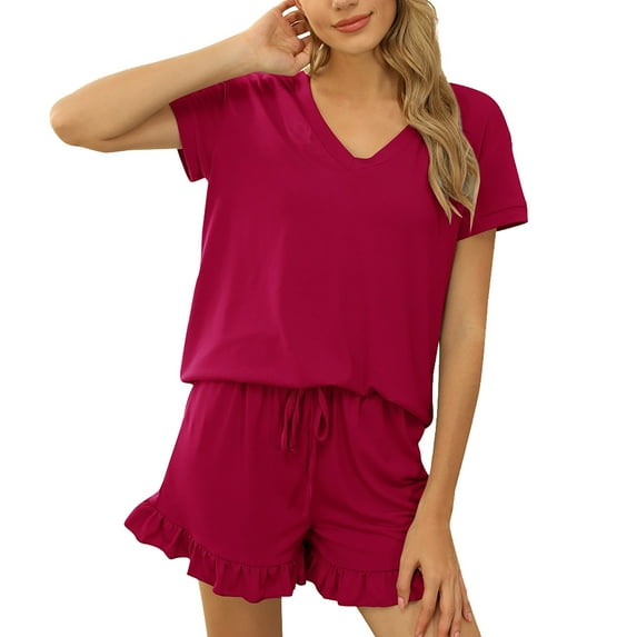 Skpblutn Womens Shorts Spring And Summer Solid Color Casual Drawstring Short Sleeve Pajamas Home Set Shorts for Women Red M