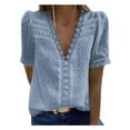 thumbnail image 1 of Skpblutn Womens Summer Tops Short Sleeve Color Casual T Shirt Lace Solid V Neck Fashion Blouse Tops for Women Blue Xxl, 1 of 2