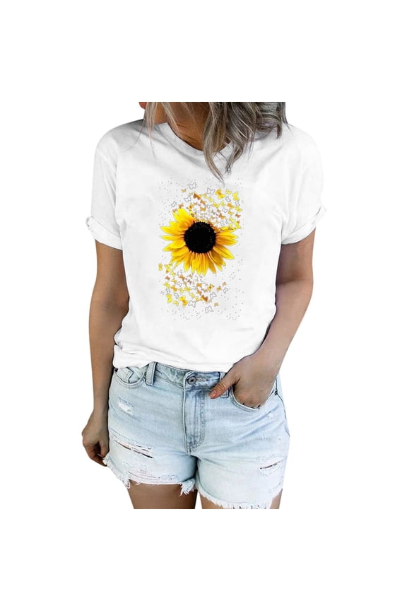 Womens Summer Tops Sunflower Shirts Cute Dandelion Graphics Tshirt Summer Short Sleeve Tee Tops for Women Black L