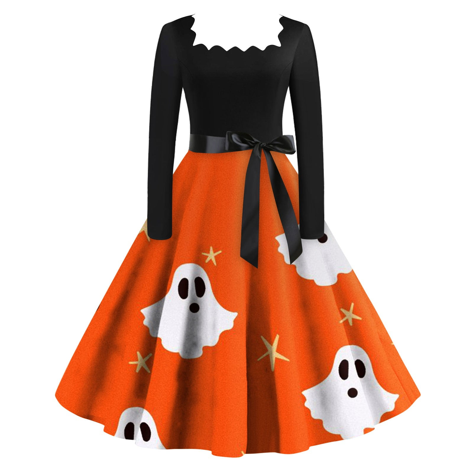Sksloeg 1950's Halloween Dresses Womens Cocktail Swing Dress Skeleton Pumpkin Printed Cosplay