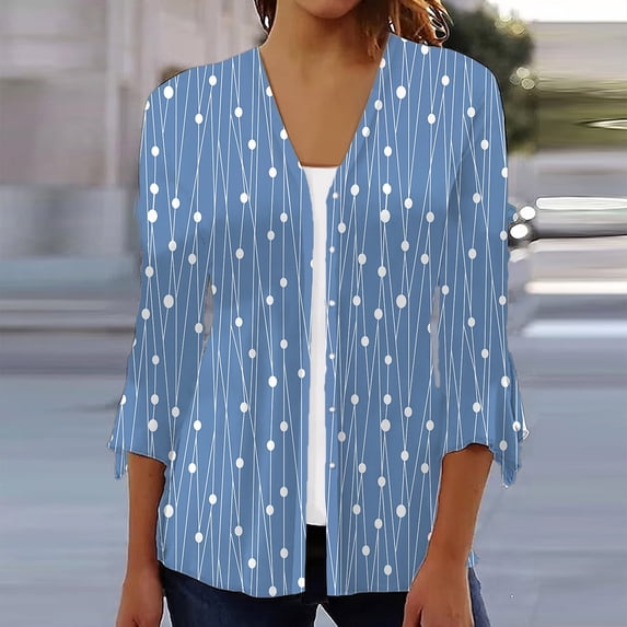 Sksloeg 3/4 Sleeve Cardigan Casual Drape Open Front Kimonos Lightweight Summer Cardigan with Pocket Polka Dot Printed Button Down Sweaters Duster,Blue 3XL