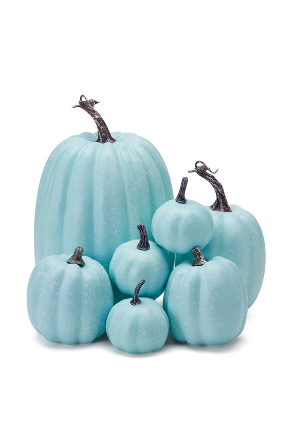 Sksloeg 7 Pcs Artificial Pumpkins Decoration Harvest Fall Pumpkins Fake Foam Pumpkins For Fall Autumn Decor Thanksgiving Halloween,Light Blue