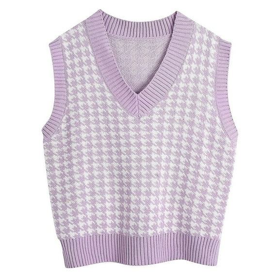 Sksloeg Argyle Sweater Vest Women Houndstooth Knitted Sleeveless Sweater Preppy Style Vintage Knitwear Top,Purple S